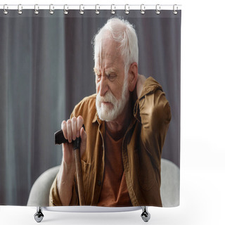 Personality  Lonely Senior Man Sitting With Closed Eyes, Touching Neck And Holding Walking Stick  Shower Curtains