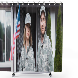 Personality  Military Couple In Uniforms Standing Together And Looking At Camera Near House, Banner Shower Curtains