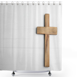 Personality  Christian Cross On White Wooden Background, Top View With Space For Text. Religion Concept Shower Curtains