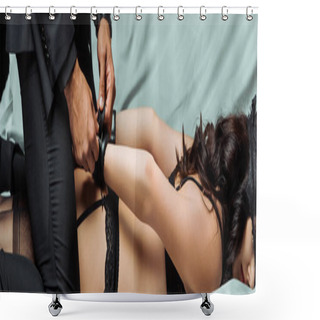 Personality  Panoramic Shot Of Man In Suit Wearing Leather Handcuffs On Sexy Woman On Bed  Shower Curtains