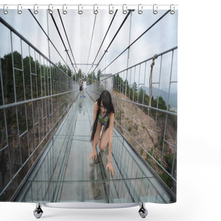 Personality  A Visitor Crawls On The 180-meter-high And 300 Meter-long Glass-bottomed Suspension Bridge At The Shiniuzhai National Geopark In Pingjiang County, In Central China's Hunan Province, 24 September 2015 Shower Curtains