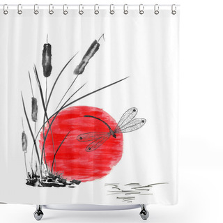 Personality  Dragonfly And Bulrush, Red Sun. Watercolor And Ink Illustration In Style Sumi-e, U-sin, Go-hua. Oriental Traditional Painting. Isolated.  Shower Curtains