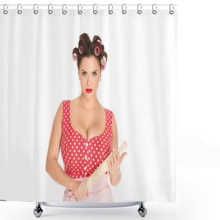 Personality  Serious Plus Size Housewife With Wooden Rolling Pin Looking At Camera Isolated On White Shower Curtains