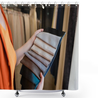 Personality  Cropped View Of Blurred Customer Holding Fabric Samples In Textile Shop  Shower Curtains