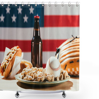 Personality  Close-up View Of Baseball Ball On Plate With Peanuts And Beer Bottle With Hot Dog Behind Shower Curtains