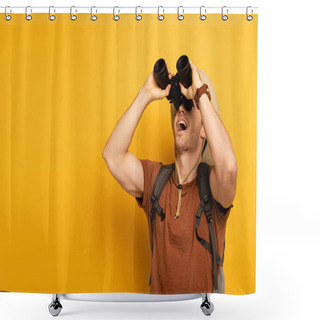 Personality  Handsome Pensive Traveler Looking Through Binoculars On Yellow Shower Curtains