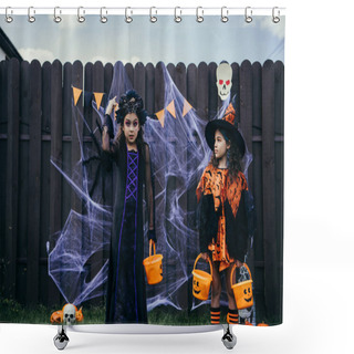 Personality  Kid In Halloween Costume Holding Bucket And Pointing At Decor On Fence Near Friend In Backyard Shower Curtains