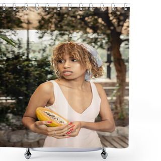 Personality  Trendy Young African American Woman In Summer Dress And Headscarf Holding Fresh Papaya And Looking Away In Blurred Indoor Garden At Background, Stylish Lady Blending Fashion And Nature Shower Curtains