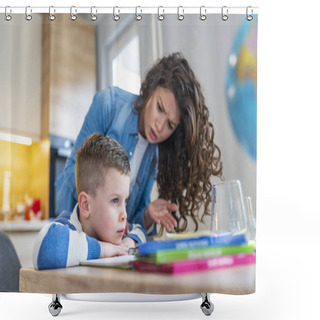 Personality  Mother Scolding Little Boy For Poor Schooling And Homework At Home Shower Curtains