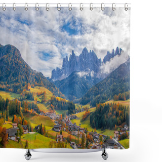 Personality  Colorful Autumn Scenery In Santa Maddalena Village At Sunny Day. Dolomite Alps, South Tyrol, Italy. Shower Curtains