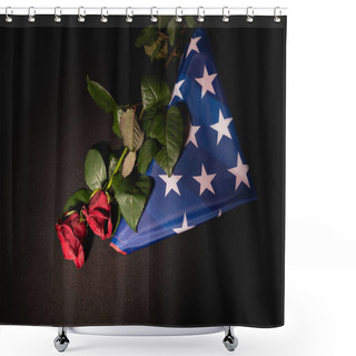 Personality  Top View Of Red Roses And American Flag On Black Background, Funeral Concept Shower Curtains