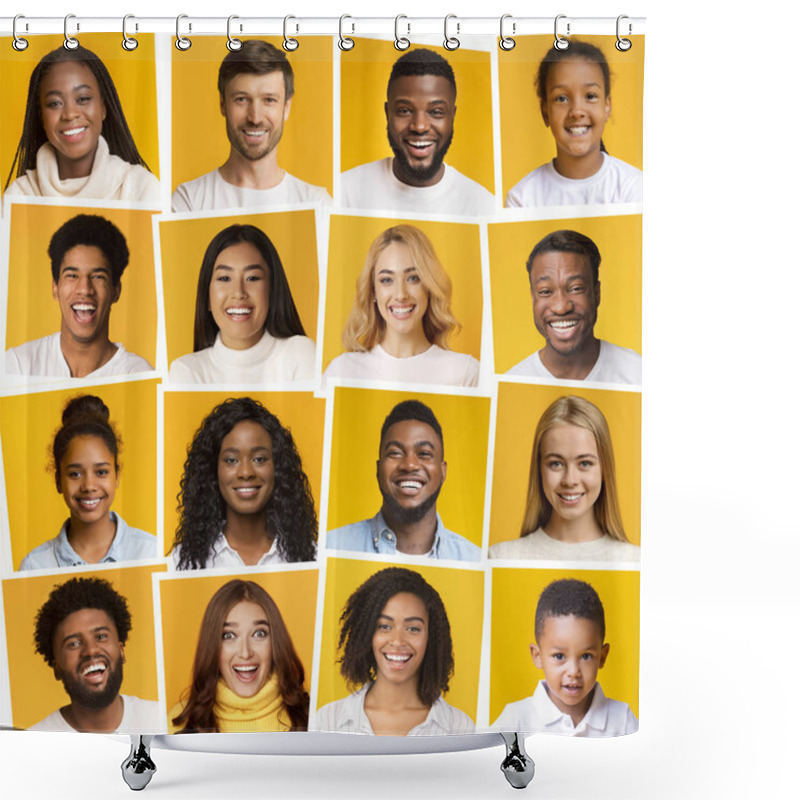 Personality  Collage of diverse multiethnic people smiling over yellow background shower curtains
