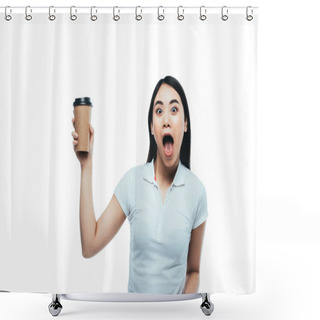 Personality  Shocked Attractive Asian Girl With Open Mouth Holding Paper Cup Isolated On White Shower Curtains