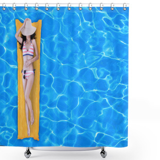 Personality  Top View Of Slim Young Woman In Bikini Relaxing On The Yellow Air Mattress In Swimming Pool. Copy Space Is Available Shower Curtains
