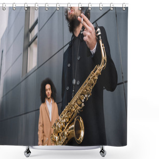 Personality  Duet Of Street Musicians Standing Outdoors Shower Curtains