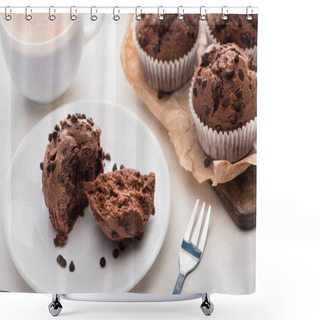 Personality  Fresh Chocolate Muffins On Wooden Cutting Board Near Plate, Fork And Coffee Shower Curtains