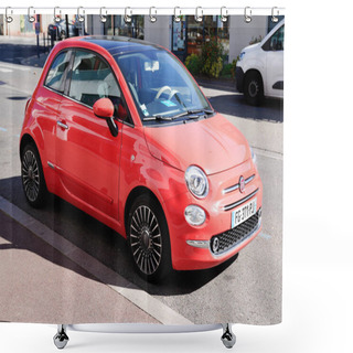 Personality  Bordeaux , Aquitaine France - 11 05 2021 : Fiat 500 Red Neo Retro Vintage Modern Car In Street Side View Shower Curtains