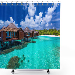 Personality  Over Water Bungalows With Steps Into Green Coral Lagoon Shower Curtains