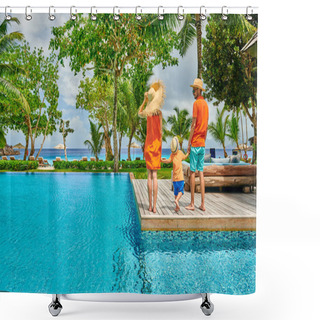 Personality  Family By Poolside, Young Couple With Three Year Old Toddler Boy. Resort Swimming Pool At Mahe, Seychelles. Shower Curtains