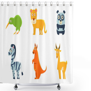 Personality  Collection Of Cute Exotic Animals And Birds, Kiwi Bird, Lion, Panda, Zebra, Kangaroo, Antelope Vector Illustration Shower Curtains