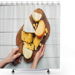 Personality  Hands And Assorted Cheese On Wooden Board Shower Curtains