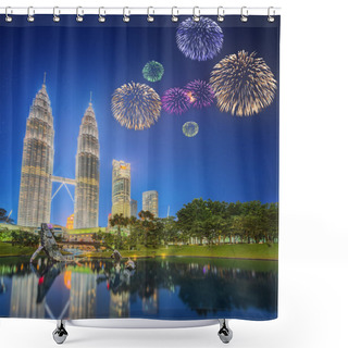 Personality  Beautiful Fireworks Above Cityscape Of Kuala Lumpur Skyline Shower Curtains