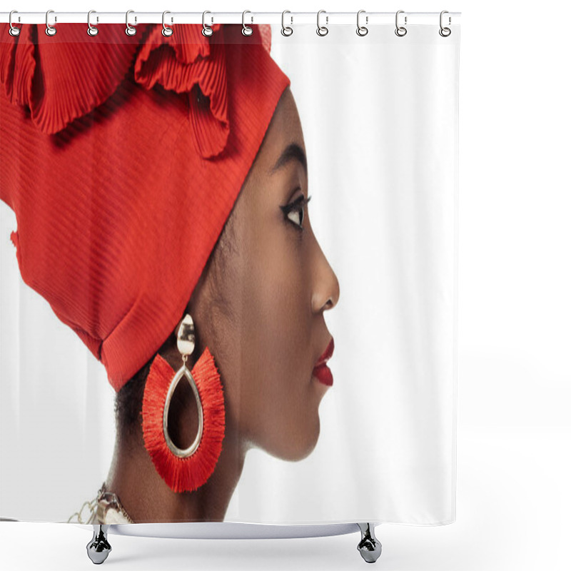 Personality  side view of young african american woman in wire head wrap isolated on white shower curtains