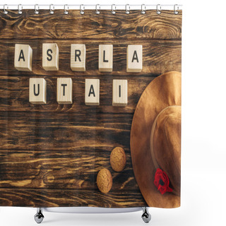 Personality  Top View Of Artificial Flower, Felt Hat And Cookies Near Cubes With Australia Lettering On Wooden Surface, Anzac Day Concept  Shower Curtains