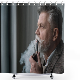 Personality  Bearded Senior Man In Tweed Costume Smoking Pipe Shower Curtains
