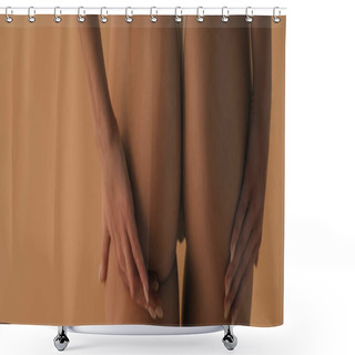 Personality  Panoramic Shot Of Sexy Woman In Panties Touching Buttocks Isolated On Beige Shower Curtains