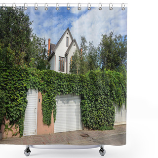 Personality  Small White Two-storied Residential House, Fence With Hops Shower Curtains