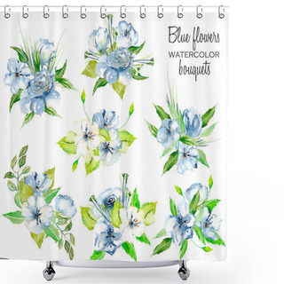 Personality  Set Of Watercolor Blue Flowers And Leaves Bouquets Illustration Shower Curtains