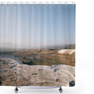 Personality  Majestic Landscape With White Rocks And Beautiful Mountains In Pamukkale, Turkey  Shower Curtains