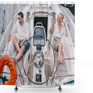 Personality  Serious Young Couple In Sunglasses Looking Away While Sitting On Yacht Shower Curtains