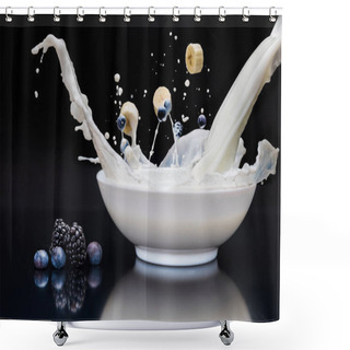 Personality  Blackberries And Banana Dropping Into White Bowl With Milk On Black Background Shower Curtains