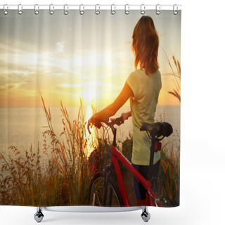 Personality  Young Lady Standing With Bicycle Shower Curtains