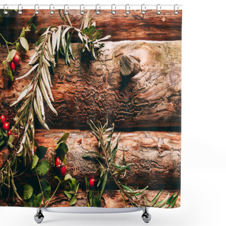 Personality  Flat Lay With Autumn Arrangement With Common Sea Buckthorn And Briar Branches On Wooden Backdrop Shower Curtains