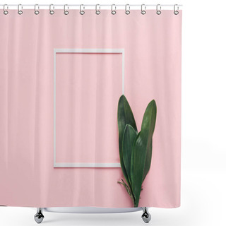 Personality  Elevated View Of White Frame And Green Tropical Leaves On Pink, Minimalistic Concept Shower Curtains