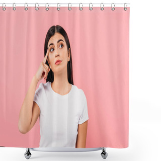 Personality  Thoughtful Pretty Brunette Girl Looking Away Isolated On Pink Shower Curtains