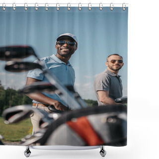 Personality  Smiling Sportsmen Going To Golf Course Shower Curtains