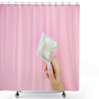 Personality  Contraception. Birth Control Pills And An Unwrapped Condom. Colored Pills And Capsule On Pink Background. Pharmacy Theme, Capsule Pills With Medicine Antibiotic In Packages. Shower Curtains
