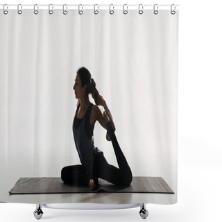 Personality  Side View Of Woman Practicing Yoga And Doing King Pigeon On White Shower Curtains