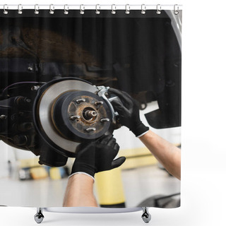 Personality  Cropped View Of Mechanic In Rubber Gloves Touching Car Brake And Fixing Vehicle  Shower Curtains