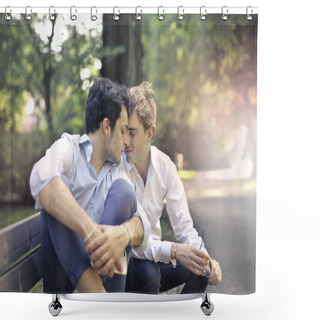 Personality  Gay Couple Sharing An Intimate Moment In A Park On A Sunny Day. Shower Curtains