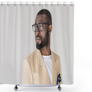 Personality  Portrait Of Handsome Stylish Young African American Man In Eyeglasses Looking Away Isolated On Grey   Shower Curtains