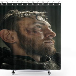Personality  Portrait Of One Brutal Bearded Man, Medeival Warrior Or Knight With Dirty Wounded Face Shower Curtains