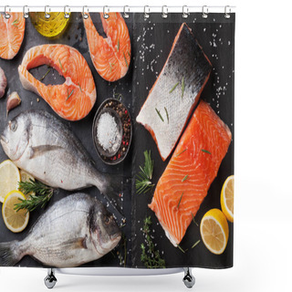 Personality  Raw Salmon Fish Fillet And Dorado With Spices Cooking On Cutting Board. Top View Shower Curtains