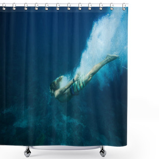 Personality  Underwater Pic Of Young Man Diving In Ocean Alone Shower Curtains