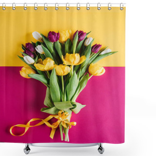 Personality  Top View Of Spring Tulips With Ribbon For International Womens Day Shower Curtains