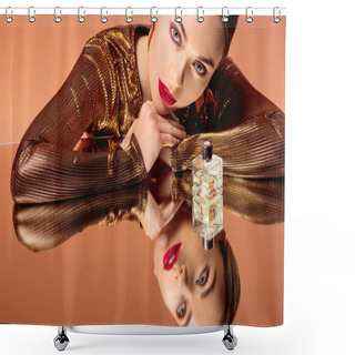 Personality  Beautiful Woman With Glamorous Makeup, Perfume Bottle And Mirror Reflection Posing Isolated On Orange Shower Curtains